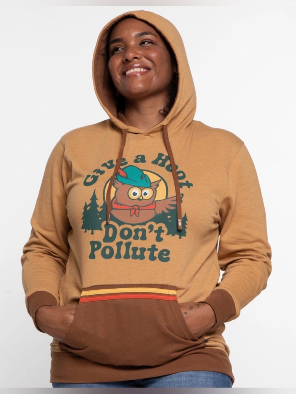 Landmark - Give a Hoot Don't Pollute Owl Unisex Retro Graphic Hoodie Size Small
